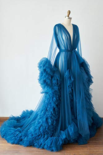Image of BATHGOWN Sexy Illusion Long Lingerie Tulle Robe Nightgown Bathrobe Sleepwear Bridal Robe Wedding Scarf
