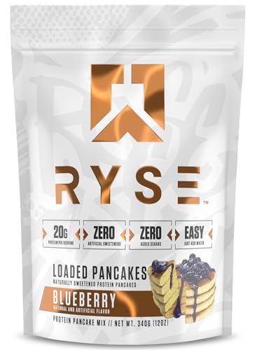 RYSE Loaded Protein Pancake & Waffle Mix - Blueberry - Naturally Sweetened Breakfast with 21g Protein, 3g MCTs and 2g Fiber - No Added Sugar - High Protein Snack for Clean Energy - 6 Servings