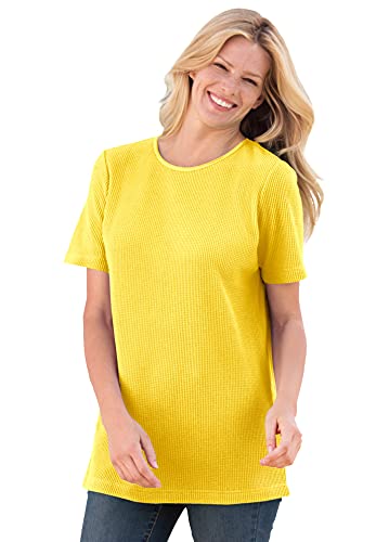 Woman Within Women's Plus Size Thermal Waffle Short-Sleeve Satin-Trim Tee Shirt - 1X, Primrose Yellow #TOP13