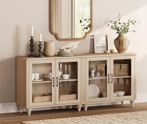 WAMPAT Buffet Cabinet with 4 Glass Doors, Wood Kitchen Storage