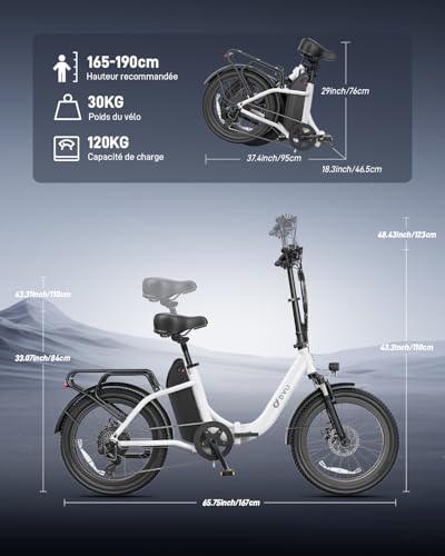 DYU C9 Vélo Électrique,20" Velo Electrique Homme avec 48V 15.6Ah Batterie,748.8WH, Moteur 250W, Ebike Autonomie Jusqu’à 80-150KM,7 Vitesses, Velo Pliant Adulte,VTT Electrique Adulte Femme – Image 5