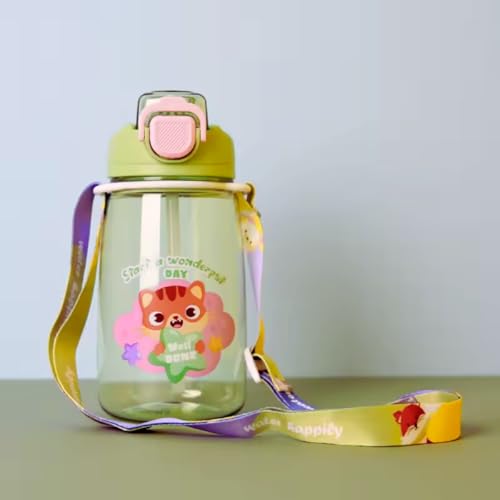 Garrafa de Água Infantil, 4 Cores, Design de Animais, com Alça Ajustável e Tampa de Segurança (Verde