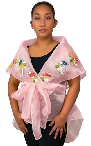 Handmade Kapamilya Panuelo Filipiniana Shawl – Hand-Painted Organza Scarf for Women’s Wedding, Formal & Evening Dresses (Pink)