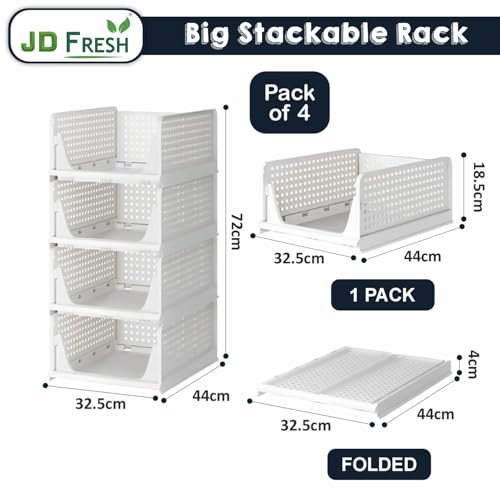 Image of JD FRESH 4 Tier Large Stackable Wardrobe Organizer for Storage /Foldable Cupboard Organizer for Clothes /Polypropylene Multipurpose Space Organiser Rack /Closet Organizer (White)
