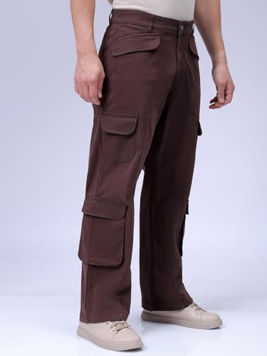 Image of The Indian Garage Co Men Relaxed Fit Solid Mid-Rise Stretchable Cargos