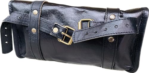 american blue Vintage-Motorradtasche aus echtem Ziegenleder, 2-Riemen-Schnallenverschluss, braune Werkzeugtasche, Schnellverschluss, verstärkt, für Lenker, Gabeln, Leder-Fahrradtasche (Black Color)