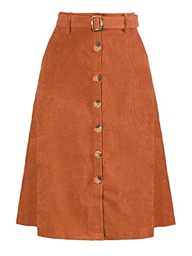 Allegra K Womens High Waist Button Front A-Line Belted Corduroy Midi Skirt Small Caramel