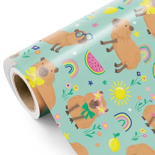 WRAPAHOLIC Wrapping Paper Roll with Cute Capibaras - Mini Roll - 17 Inch x 16.5 Feet - Mint Capibara and Summer Fruits Wrapping Paper Perfect for Kids Birthday, Baby Shower, Animal Lover