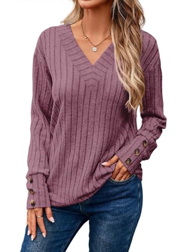 Image of Dokotoo Womens Tops V Neck Lightweight Sweater Fall Long Sleeve Top 2026 | Decorative Buttons, Soft Breathable Knit Material, Pullover Tunic Tops, Business Casual, Fall Outfits, Winter Clothing 2026
