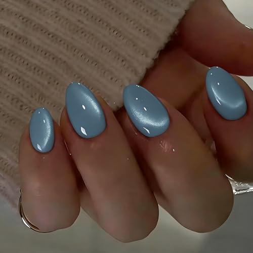 JOYVVEW Cat Eye Press on Nails Short - Pastel Baby Blue Press On Nails Oval, Glazed Almond Fake Nails with Glitter Finish, Sturdy Quality, Reusable Stick On Nails for Women Summer, 30 Pcs 15 Sizes