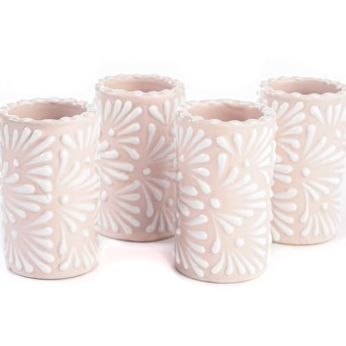 Talavera Shot Glasses Set of 4 Authentic Mexican Tequila Shot Glasses - Hand-painted - 2 Oz (White Brushstroke Pink Background)