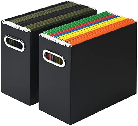 Tunnkit File Organizer, Cardboard File Box for Letter Size Hanging File Folder Storage, Collapsible Hanging File Organizer with Handles for Office/Home/School, Black, 2 Packs