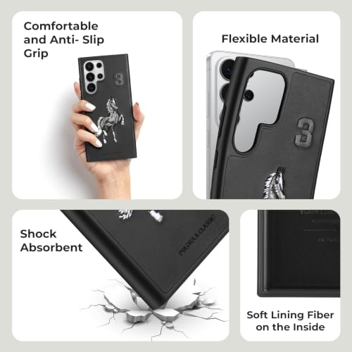 Image of PULOKA - Mobile Cover Compatible for Samsung S26 Ultra - Horse Embroidery - Sleek & Stylish - Protective & Anti Scratch Phone Cover Vegan Leather Back Case - Men & Women - Santa Barbara Polo - Black