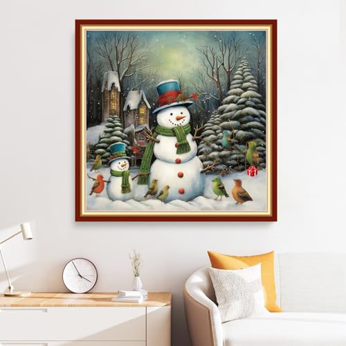 Image of Disxvivy Cross Stitch Stamped Full Embroidery Kits DIY 11CT Cotton Thread Printed DIY Needlepoint Kits Craft Needlework Set Cross-Stitch Stamped Sets-Snowman Snowy Scenery 18x18 inch