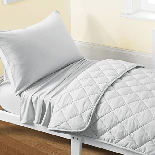 FLXXIE 4 Pieces Toddler Bedding Set, Soft and Breathable Microfiber Crib Sheet Set, Includes Quilted Comforter, Flat Top Sheet, Fitted Sheet, Envelope Pillow Case for Boys and Girls, Light Grey