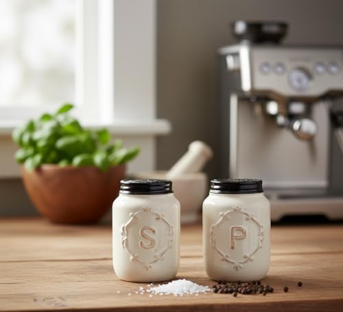 Young's Inc Mini Ceramic Farmhouse Salt & Pepper Shaker Set, Rustic Style Kitchen Decor, Cute Mason Kitchen Table Accessories and Decor,Set of 2 Mini Spice Shakers, 2.5 Inch by Young's Inc - Image 2