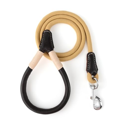 Mile High Life Guinzaglio per cani con manico rivestito in vera pelle, con chiusura resistente, per cani di taglia piccola, media e grande (giallo, 1,8 m)