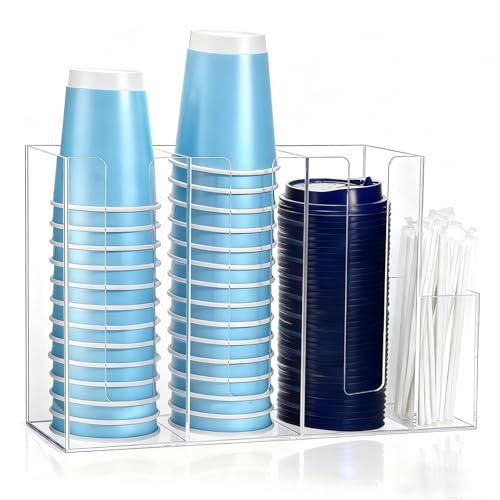 UCEHIPAW 4 Compartments Acrylic Coffee Cup and Lid Storage Organizer Holder Clear Plastic Lid Holder Accessories Disposable Paper Cup Dispenser Organizer for Kitchen Bar Shop Counter
