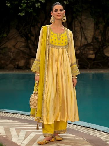 Image of INDO ERA Women's Silk Crepe Floral Embroidered A-Line Kurta & Pant with Dupatta Set (IEOUT161)