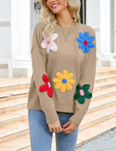 Image of Women Floral Sweater Casual Colorful Flower Knit Pullover Top