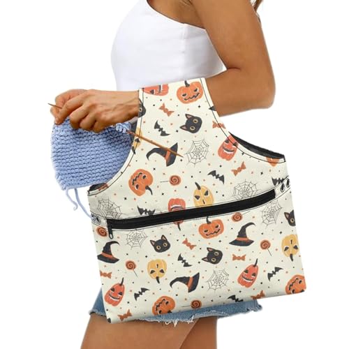 Image of KUIFORTI Halloween Crochet Bag Large Yarn Bags for Crocheting on The Go Crochet Hook Organizer Halloween Decor Knitting Bags Canvas Crochet Bags and Totes, Pumpkin Cat