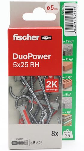 fischer - Duopower 5 x 25 con attacco aperto- 8U, tasselli da parete multimateriale, servono per appendere biciclette, quadri, armadi, supporti TV, scaffali, mobili.