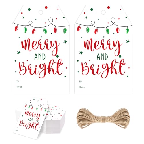 jijAcraft Merry Christmas Tags with String - 50Pcs Holiday Gift Tags, White Merry and Bright Name to from Labels, 3.3x2.1Inch Winter Gift Tag for Party Favors, DIY Crafts, Jar