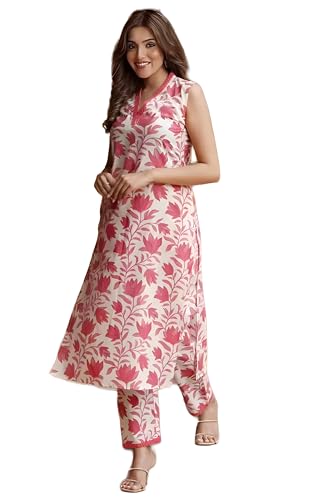 Image of Sidhidata Women's Cotton Blend Floral Printed Kurta Pant Set |Printed Kurti with Pant Set (KP Leaf)