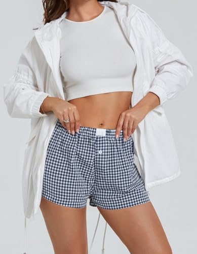 Image of Y2k Plaid Shorts Cute Baggy Ginghem Boxer Shorts for Women Checked Lounge Pajama Bottom Preppy Sleep Pj Shorts