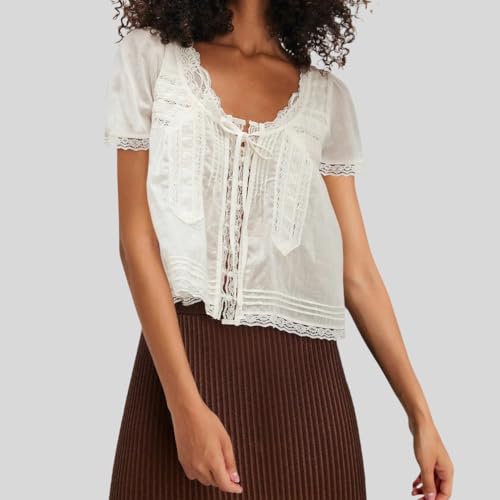 Women Boho Button Down Lace Trim Crop Tee Top Short Sleeve Scoop Neck Ruffle Semi Sheer Flowy Tie Front T Shirt4