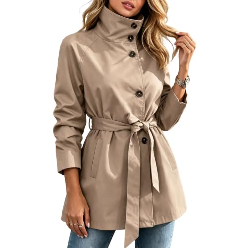 Women's Single Breasted Short High Collar Trench Coat With Belt | Single Breasted Short Jackets, Open Front, Lightweight Button Trench Coat with Belt, Casual Trendy Fall Winter Coats - image 5