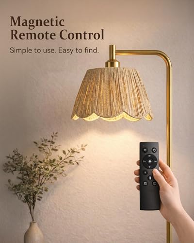 Image of JOOFO Boho Brushed Gold Floor Lamp with Remote, Flower-Inspired Shade | Pre-Assembled Shade, Stepless Dimming, 3 Color Temperatures, LED Bulb Included, Ambient Lighting for Living Room & Bedroom