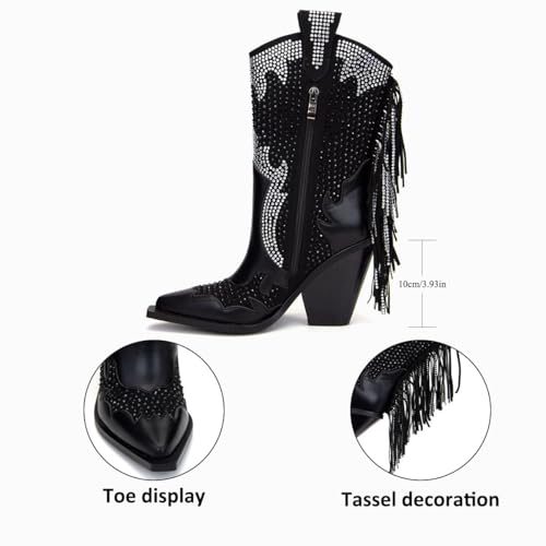 Feinlina Women's Pointed Toe Chunky Heel Mid Wide Calf Boots Rhinestone Western Cowboy Boots With Tassel3