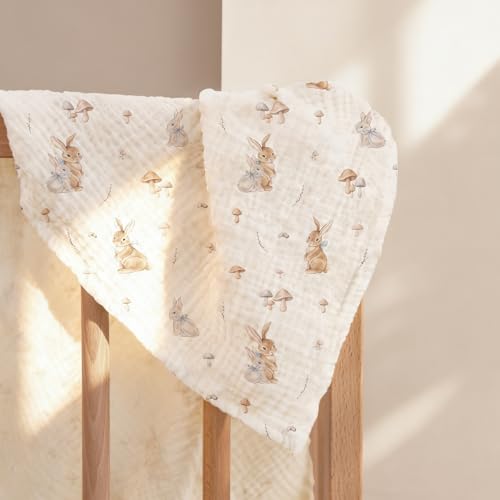 Image of lulumoon Muslin Swaddle Blankets for Baby: Cotton & Soft Receiving Blanket for Newborn with Branche Printed- Neutral Gift for Baby Shower 2pack(Bunny)