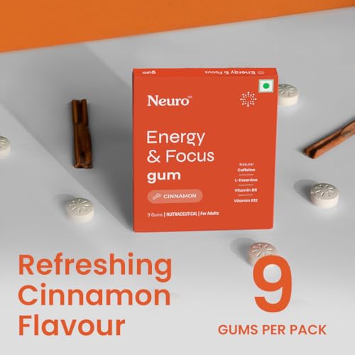 Image of Neuro Energy & Focus Gum - Cinnamon | Quick Energy Boost & Enhanced Focus | Natural Caffeine + 60 mg L-Theanine + Vitamin B6 & B12 | No Added Sugar | Aspartame Free | 90 Gums