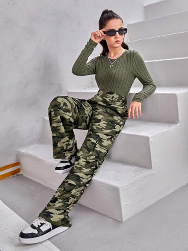 Image of Floerns Girl's Long Sleeve Tee Shirt with Camo Print Pants Set 2 Piece Outfit