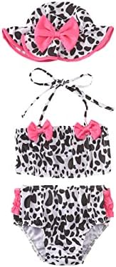 Toddler Baby Girls Swimsuit Bikini Sets Halter Sleeveless Crop Tube Top Ruffle Shorts Sun Hat 3Pcs Bathing Suit (Black Cow Print, 12-18 Months)