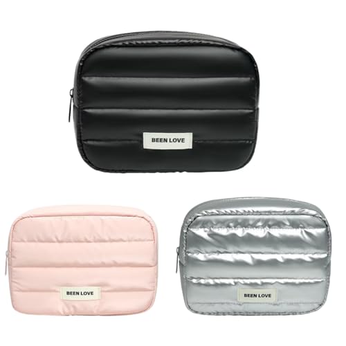 Necessaire Feminina Puffer Organizador de Maquiagem Cosméticos para Viagem (Prata, Médio)
