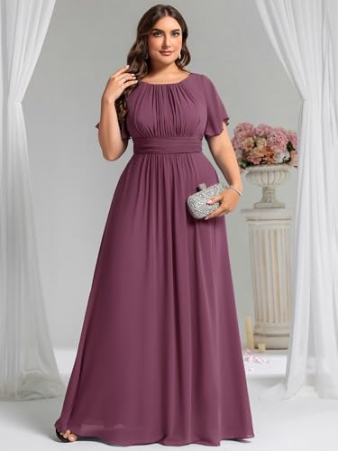 Image of Ever-Pretty Plus Elegant Formal Dresses for Curvy Women Round Neck Short Sleeves Chiffon Bridesmaid Mother of The Bride Dress
