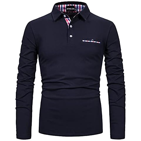 APAELEA Men's Long Sleeve Polo Shirt Casual Rugby Shirts with Plaid Down Collar,Navy,L Cover