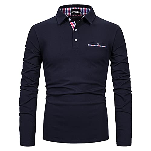 APAELEA Mens Long Sleeve Polo Shirt Casual Rugby Shirts with Plaid Down Collar Navy M
