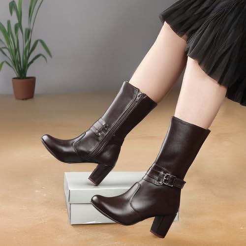 Image of BXXY Women's 3.2 Inch High Heels Stylish Ankle Zipper Boots with Trendiest Buckle Closure