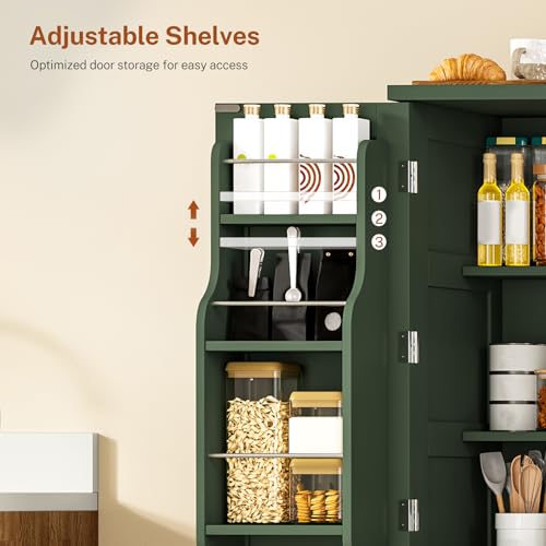 Image of TEENFON 51 inch H Pantry Cabinet with 4 Doors, Kitchen Cabinet with 6 Door Shelves, Kitchen Pantry for Living Room, Dining Room, Bathroom, Green