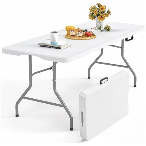 YOEVU - Mesa Plegable de Plástico 180cm | Diseño Tipo Maleta con Asa | Resistente y Portátil | Capacidad para 8 Personas | Ideal para Interiores y Exteriores | Blanco, Plástico