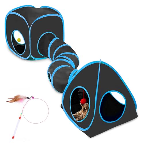 Cat Tunnels for Indoor Cats with Tent Cube and Feather Toy Collapsible Combo, Pop Up Cat Play Tunnel with Interactive Cat Toy Ball for Kitten, Ferret, Puppy, Guinea Pig, Rabbit, Bunny, Blue