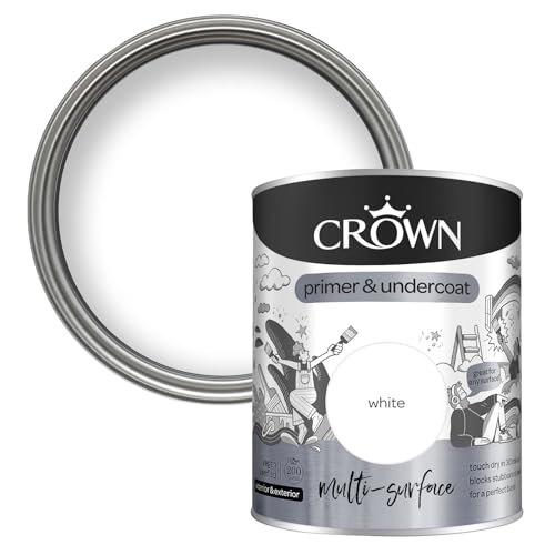 Image of Crown White Multi-Surface Primer and Undercoat Paint 2 in 1 - Water Based, Quick Dry 30mins - Use on Wood, MDF, Plasterboard, uPVC, Metal, Brick, Glass & Ceramic Tiles - 750ml