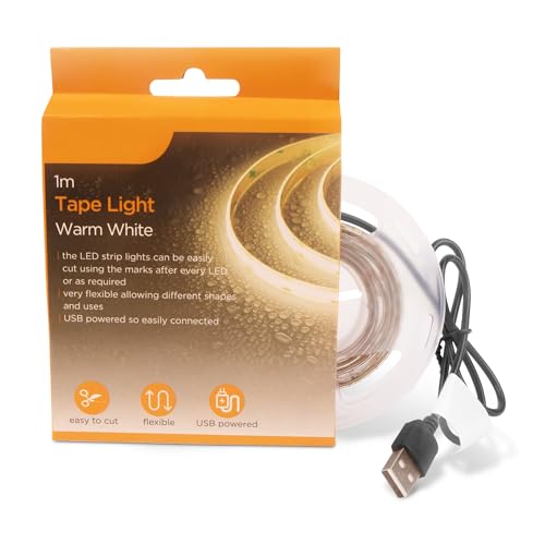 Navoys Warm White LED Light Strip Tape USB Powered 3.3ft/1 Meter - Self Adhesive for Home, Commercial, Cupboard, TV Backlight, Decorative Lighting, UKCA/CE, Trimmable, Flexible, Room Decoration