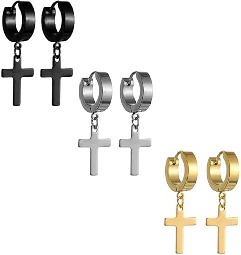 Halawly Men Earrings, Stainless Steel Hoop Stud Earrings Set for Women Girls, 3 Pairs/6 Pairs/10Pairs Small Huge Sliver Gold Black Cross Dangle Earrings Set Lightweight Fashion Party Birthday Jewelry