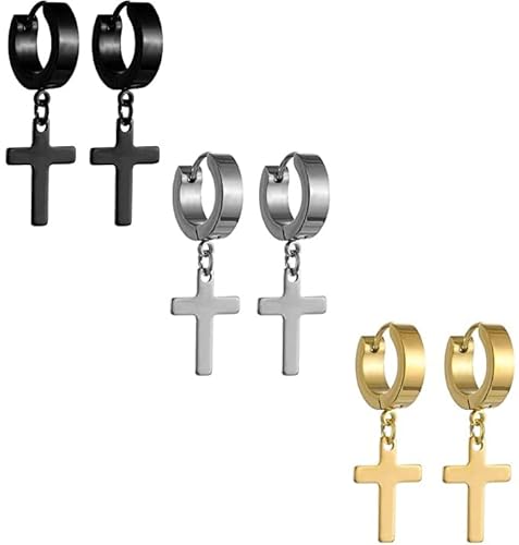 Halawly Men Earrings, Stainless Steel Hoop Stud Earrings Set For Women Girls, 3 Pairs/6 Pairs/10Pairs Small Huge Sliver Gold Black Cross Dangle Earrings Set Lightweight Fashion Party Birthday Jewelry #TOP2