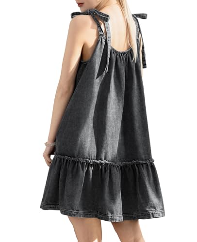 Image of Denim Dress for Women Tie Shoulder Sleeveless Denim Mini Dress Casual Flowy Babydoll Dress Wash Jean Dress